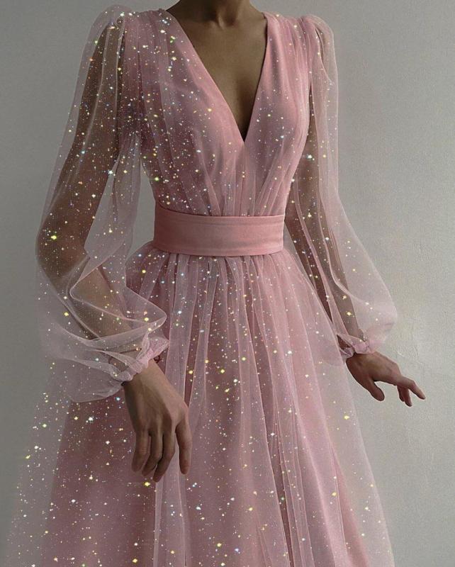 Long sleeve Sparkly Mesh V-neck Dress