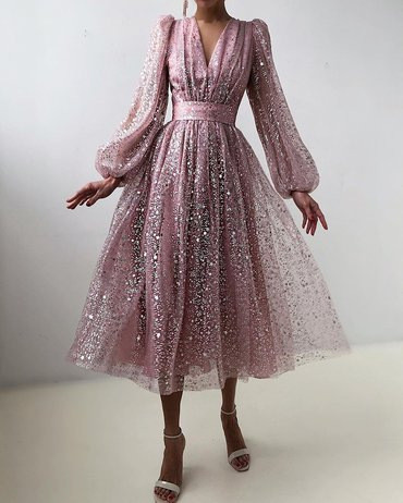 Long sleeve Sparkly Mesh V-neck Dress