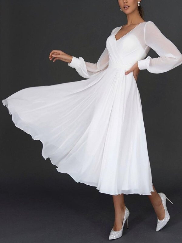 White Chiffon Long Sleeve Dress