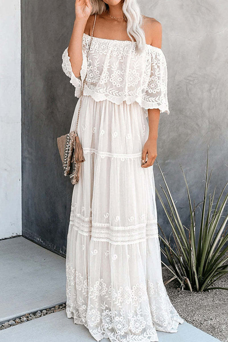 Lace Detailed Pleated Maxi Dress Off the Shoulder main image 0