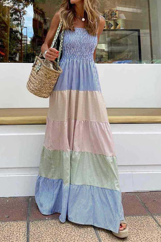 Colorblock Striped Straps Smocked Maxi Dress