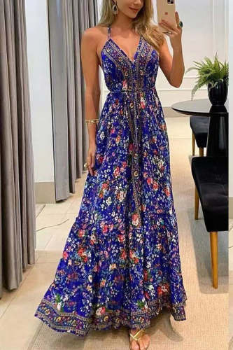 Printed Backless Vacation Maxi Dress