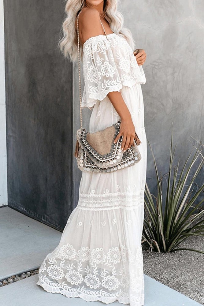 High Waist Off-shoulder Lace Maxi Dress