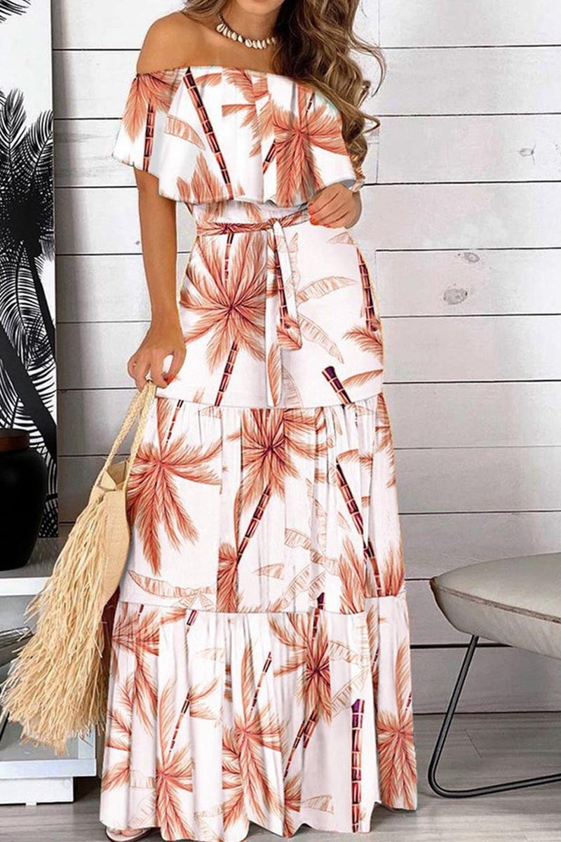 Off-Shoulder Printed Maxi Dress with Long Sleeves main image 0