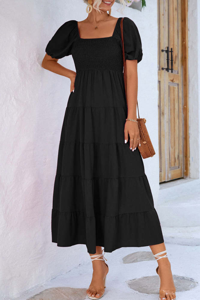 Smocked Off Shoulder Bubble Sleeve Slit Dress