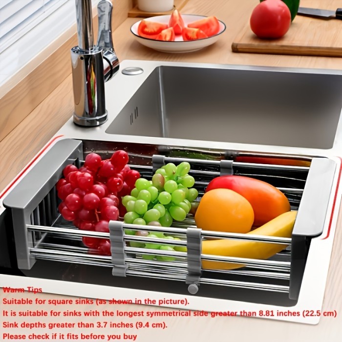 1pc Drain Rack, Telescopic Draning Basket, Kitchen Basket, Home Dish Rack, Retractable Sink Shelf, 8.81*(11.22-18.5)*3.7in, Suitable For Rectangular Sink