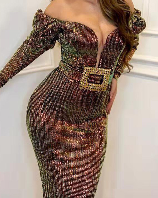 Women's Sexy Off -Shoulder Deep-V  Sequined Evening Dress S-XXL