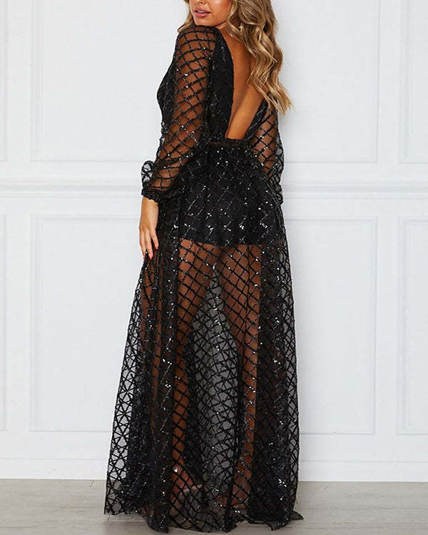 Women's Sexy V-Neck Open Back Check Sequin Long Dress S-XXL