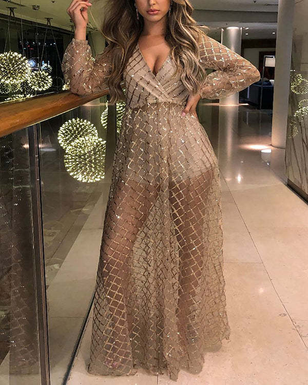 Women's Sexy V-Neck Open Back Check Sequin Long Dress S-XXL