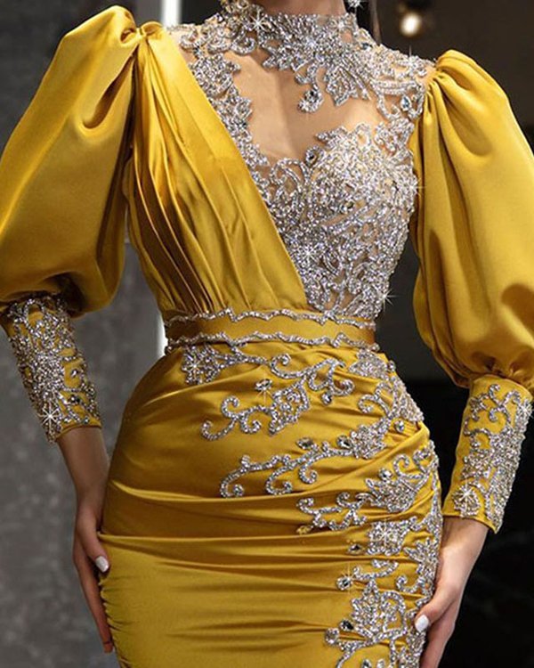 Women's Elegant Applique Embroidery Draped Design Asymmetric Sequined Long Skirt Evening Dress S-XXXL
