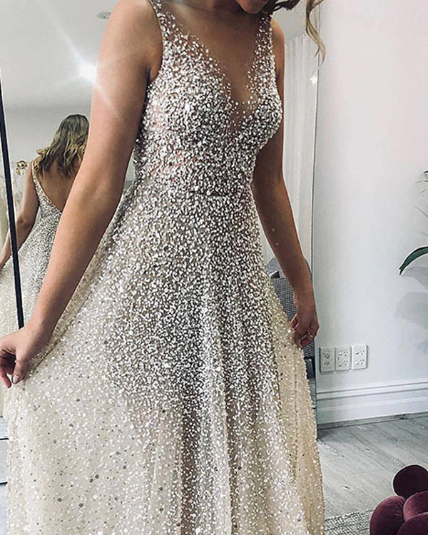 Women Deep V Sequined Tulle Glitter Dress S-XL