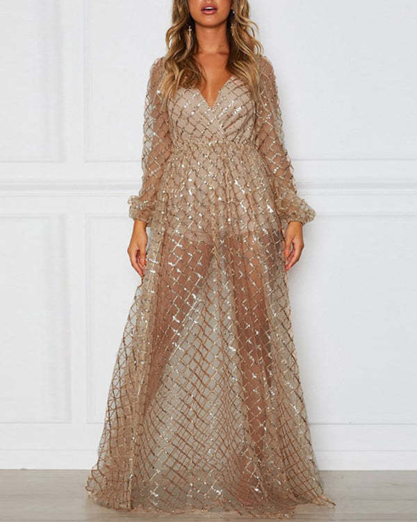 Women's Sexy V-Neck Open Back Check Sequin Long Dress S-XXL