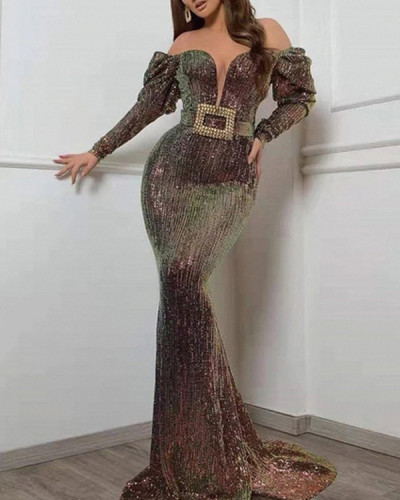 Women's Sexy Off -Shoulder Deep-V  Sequined Evening Dress S-XXL