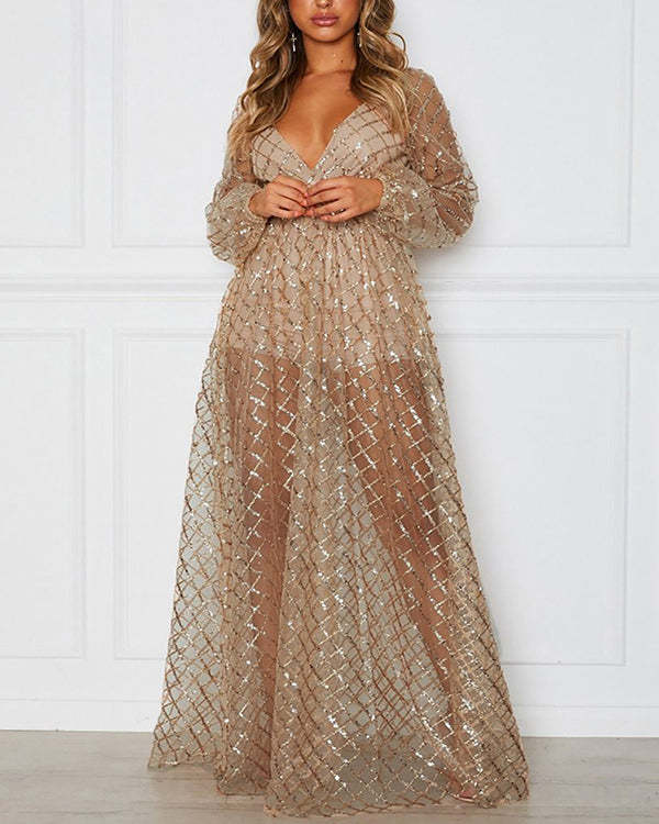 Women's Sexy V-Neck Open Back Check Sequin Long Dress S-XXL