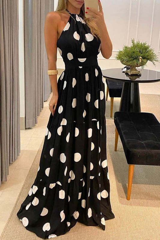 Sexy Dot Print Halter Maxi Dress