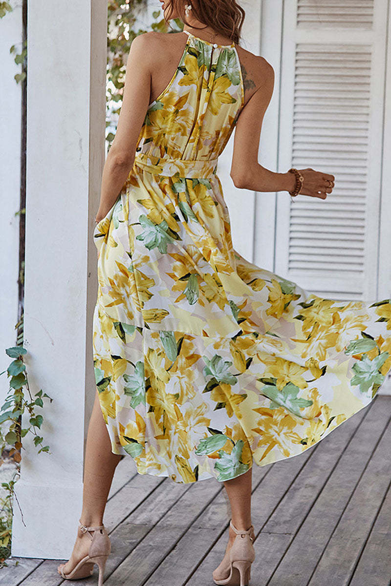 Floral Print Halter Backless Bodycon Maxi Dress