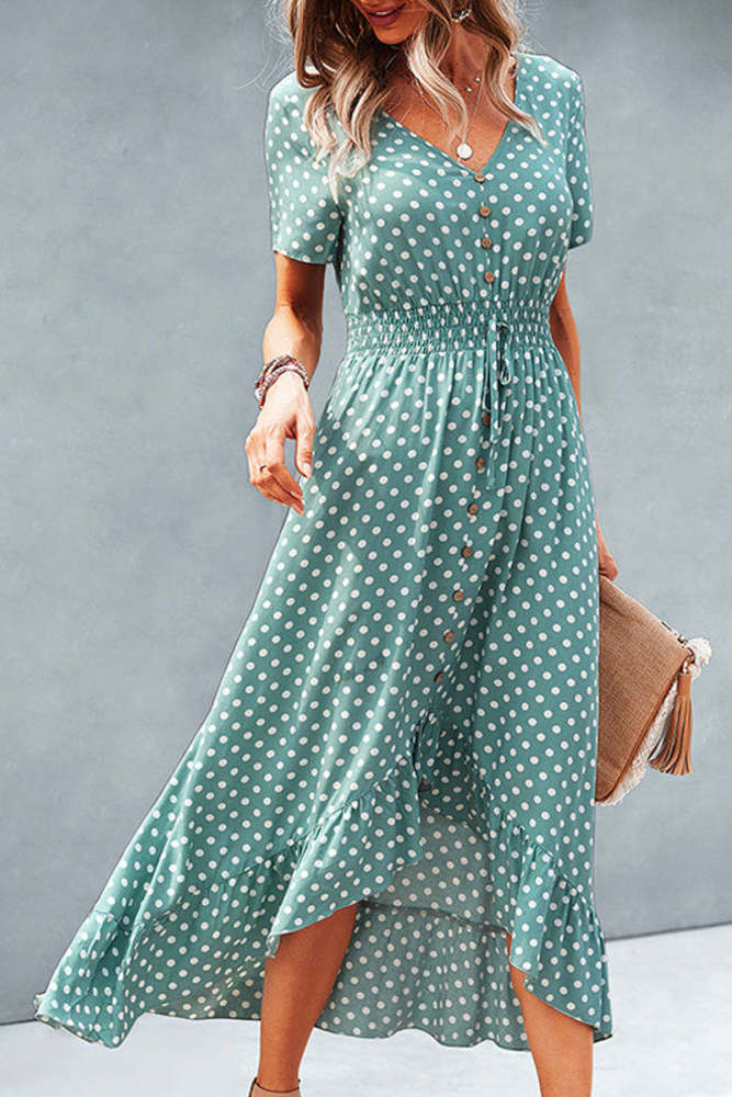 Dots Print High Waist V Neck Casual Dress