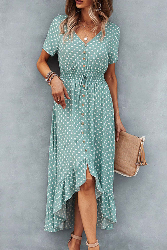 Dots Print High Waist V Neck Casual Dress