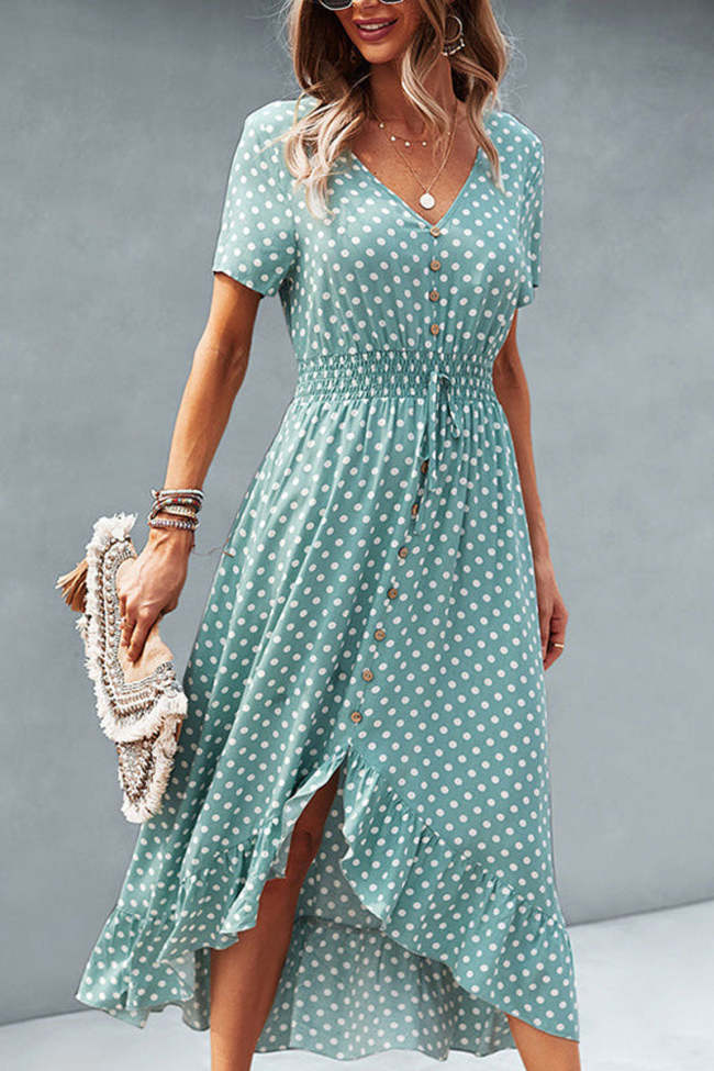 Dots Print High Waist V Neck Casual Dress