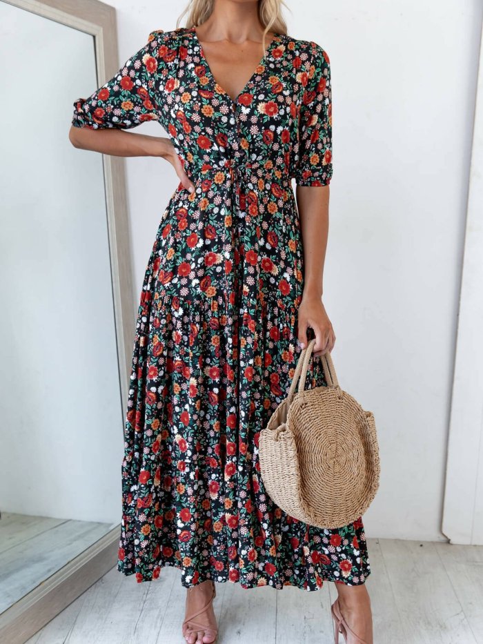 Black Short Sleeve Casual Weaving Dress Flower dress