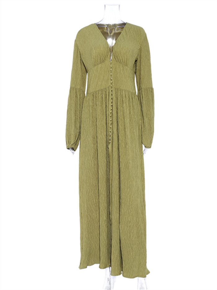 French Retro V-Neck Long Skirt Waist Fold Loose Dress