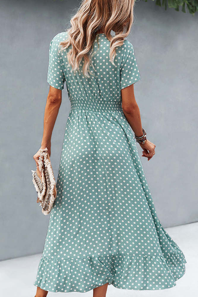 Dots Print High Waist V Neck Casual Dress