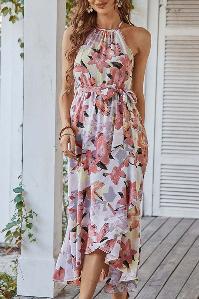 Floral Print Halter Neck Maxi Dress