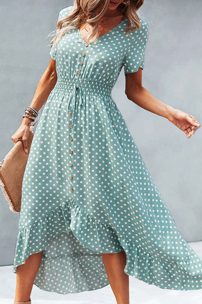 Dots Print High Waist V Neck Casual Dress