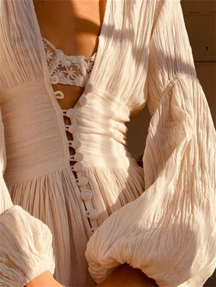 French Retro V-Neck Long Skirt Waist Fold Loose Dress