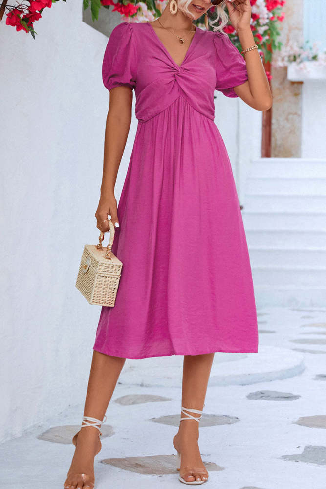 Solid V Neck front twist Midi Dress