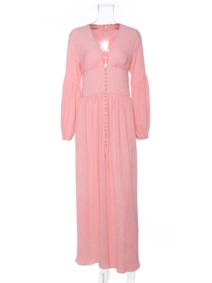 French Retro V-Neck Long Skirt Waist Fold Loose Dress