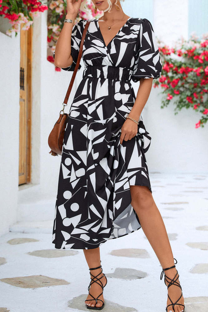 Print V Neck Beach Bubble Sleeve Midi Dress