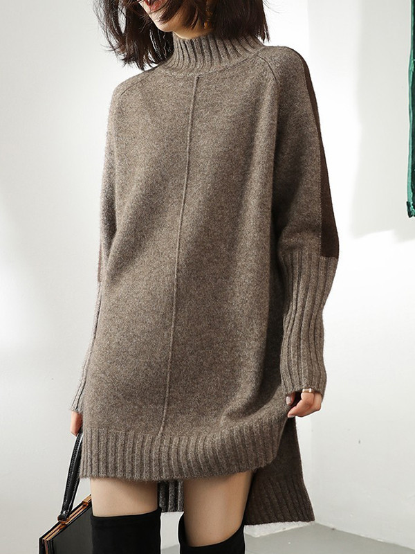 Loose Long Sleeves Contrast Color Half Turtleneck Sweater Dresses