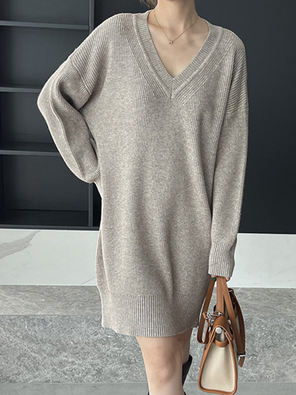 Simple Loose Long Sleeves Solid Color V Neck Sweater Dresses