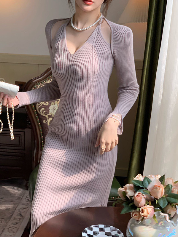 High Waisted Long Sleeves Hollow Solid Color Split-Side V-Neck Midi Dresses Sweater Dresses