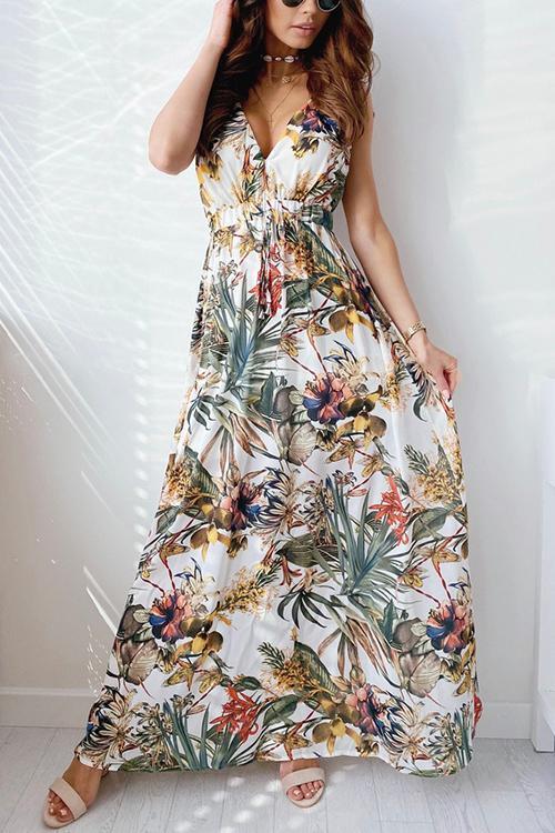 Tropical Leaf Print V-Neck Maxi Dress