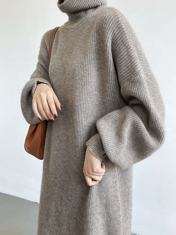 Urban Loose Puff Sleeves Solid Color High-Neck Sweater Dresses