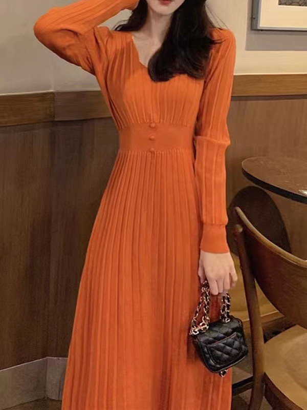 A-Line High Waisted Pleated Solid Color V-Neck Midi Dresses Sweater Dresses