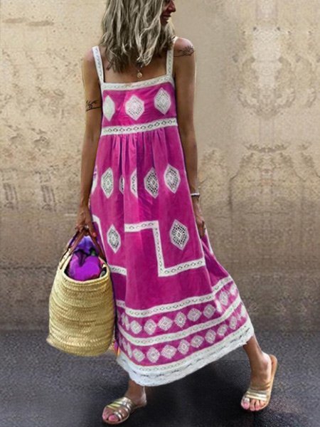 Women Boho Holiday Graphic Linen Maxi Dress
