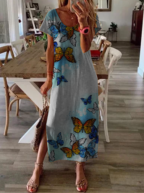 Boho Shift Butterfly Short Sleeve Knitting Dress