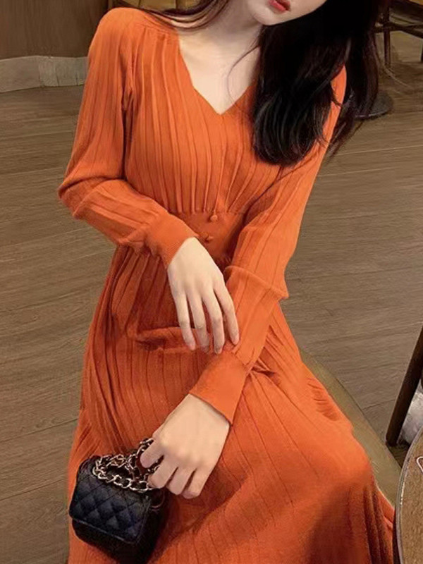 A-Line High Waisted Pleated Solid Color V-Neck Midi Dresses Sweater Dresses