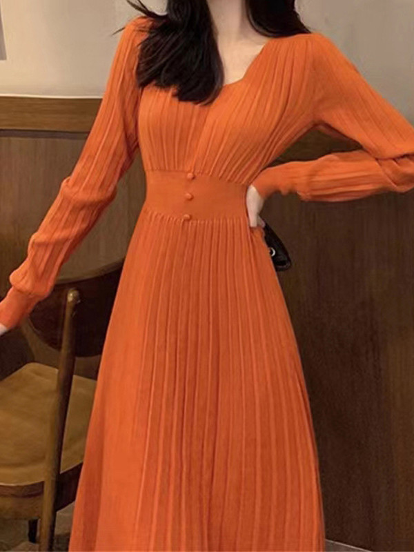 A-Line High Waisted Pleated Solid Color V-Neck Midi Dresses Sweater Dresses