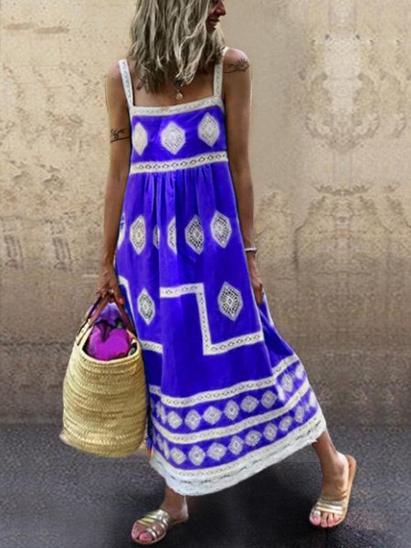 Women Boho Holiday Graphic Linen Maxi Dress