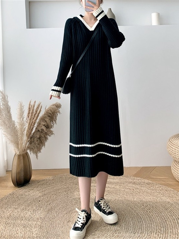 Urban Long Sleeves Loose Striped V-Neck Hooded Sweater Dresses