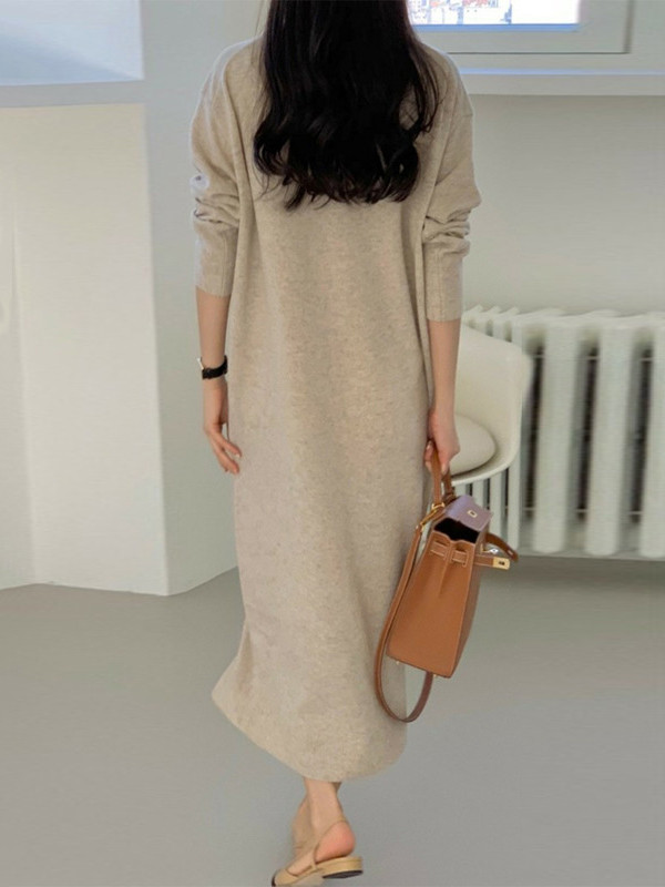 Urban Loose Long Sleeves Solid Color V-Neck Sweater Dresses