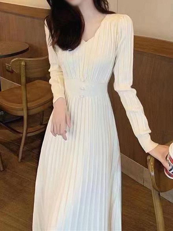 A-Line High Waisted Pleated Solid Color V-Neck Midi Dresses Sweater Dresses