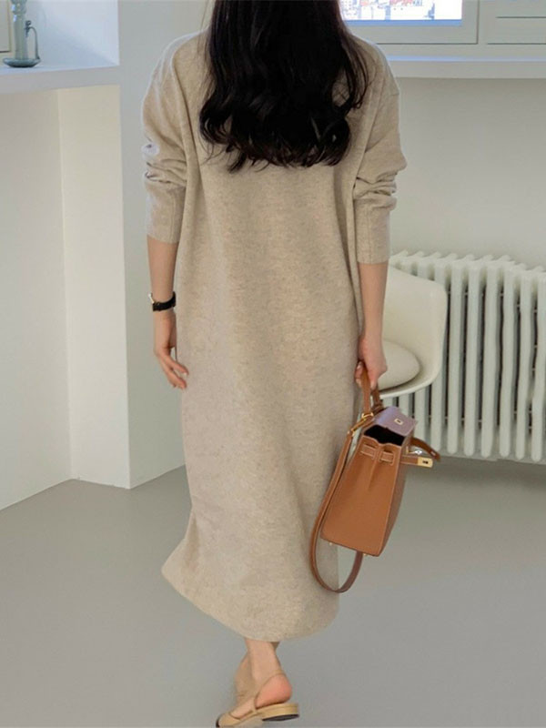 Urban Loose Long Sleeves Solid Color V-Neck Sweater Dresses