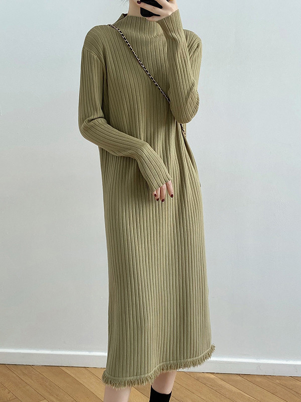 Long Sleeves Loose Fringed Solid Color Mock Neck Midi Dresses Sweater Dresses