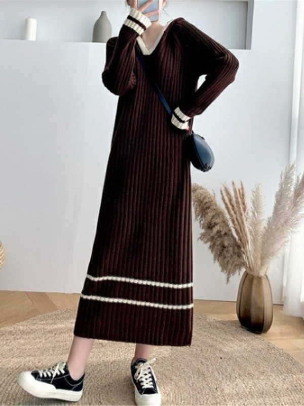 Urban Long Sleeves Loose Striped V-Neck Hooded Sweater Dresses