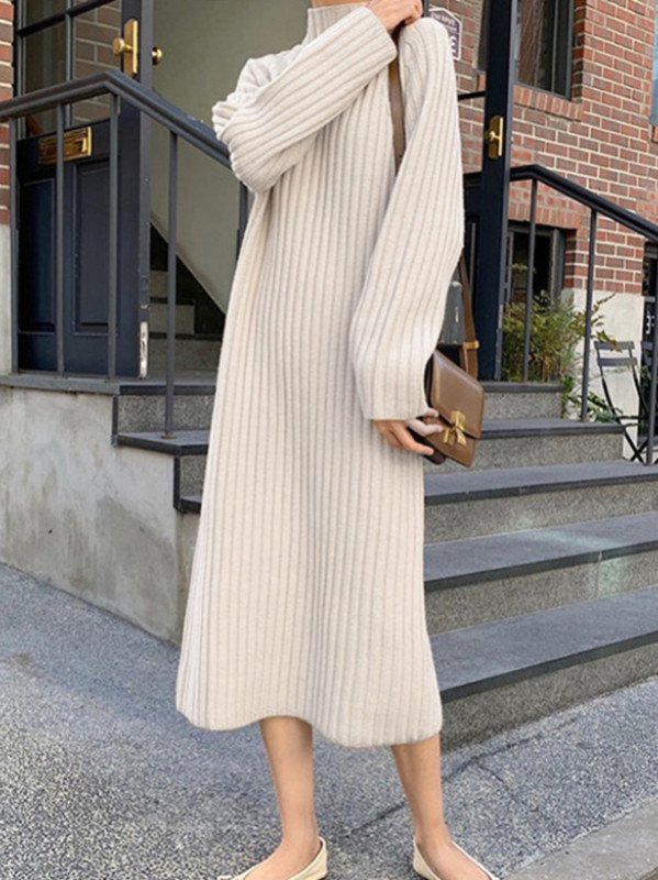 Urban Loose Long Sleeves Solid Color High-Neck Sweater Dresses